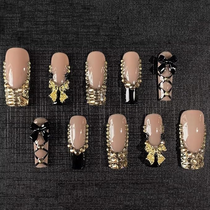 Press On Nails - Handmade French Square Fake Nails, Luxury Cute Golden Bow and Diamond Design, Reusable Artificial Square False Nails for Women 10 Pcs 3D Acrylic Nails Kit (Size M)