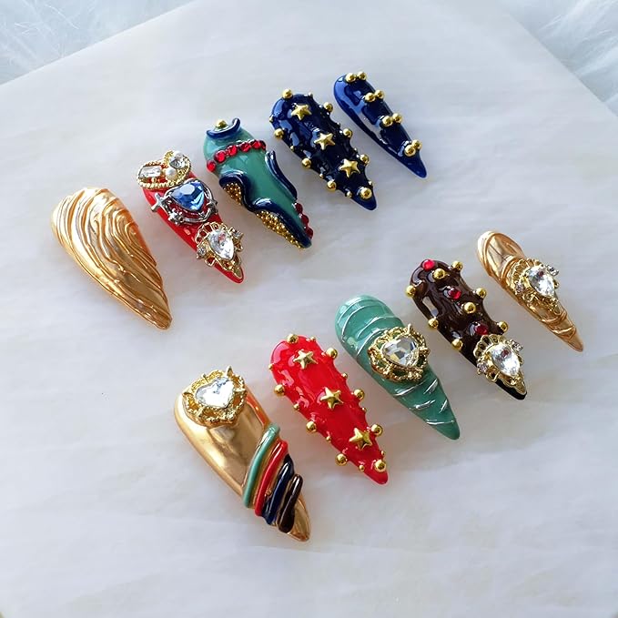 Luxury Handmade Press On Nails, Vintage Bohemian Style, Long Stiletto Shape, Crystal Heart Gems, Gold Stars Design, 10 Pieces (XS, LS)