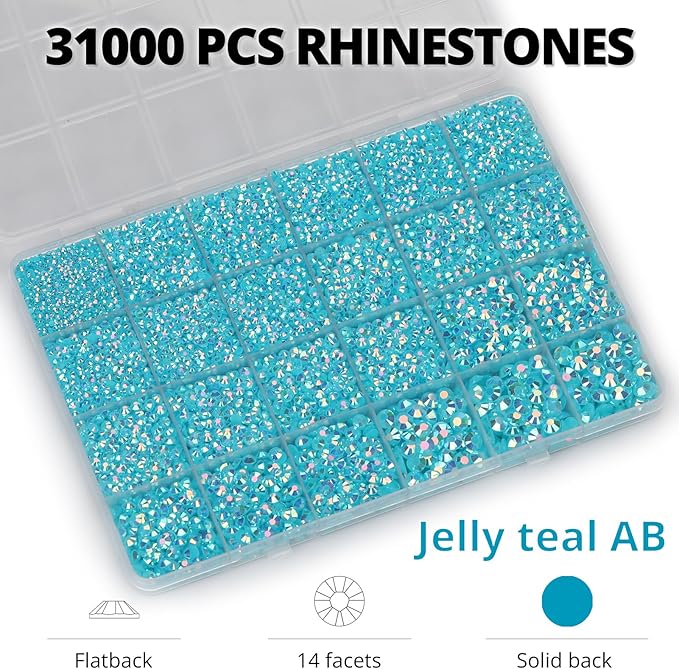 33000Pcs Teal Rhinestones for Bedazzling, Bedazzler Kit with Flatback Craft Rhinestones Turquoise Bulk and B7000 Glue, 2,3,4,5,6mm Resin Flat back Crystals for Craftings, Crafts, Clothes, Shoes, Nails