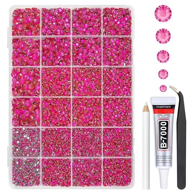 Rose Pink Crystal Resin Rhinestones w B7000 Glue for Bedazzling Crafting Hot Pink Flatback Stones 2mm-6mm Rose Red Diamonds Gems Bedazzler Kit for Nails Face Eyes Makeup Tumblers Bottles Crafts