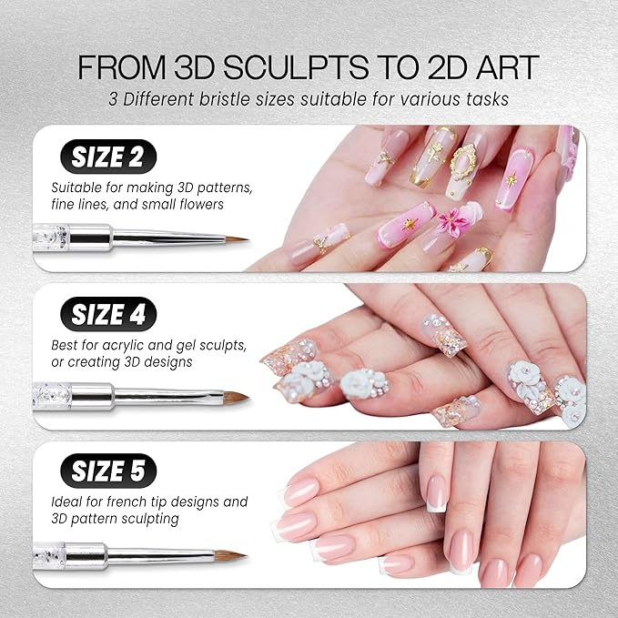 PANA 3D Kolinsky Nail Art Brush - Silver Glitter Handle, Size 2 - Acrylic Nail Art Sculpture Brush for Manicures Pedicure Salon Professional or Beginner