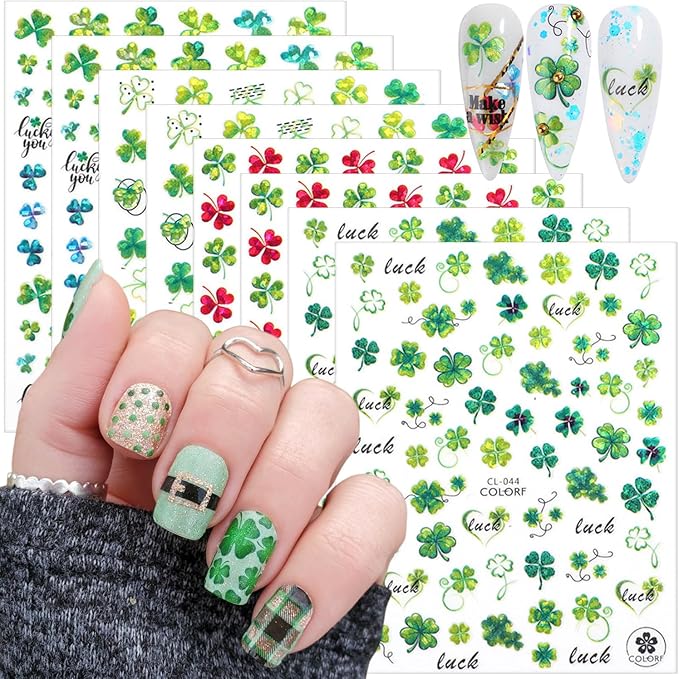 8Sheets St Patricks Day Nail Art Stickers 3D Holographic Shamrock Nails Stickers Self-Adhesive Deisgn Nail Decals Green Lucky Clover of Irish Nail Decorations for Women St. Patrick's Day Manicure Tips