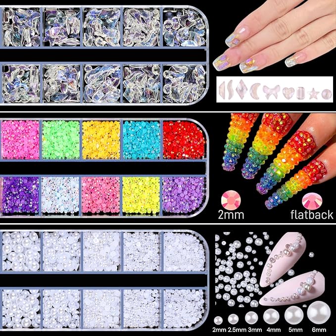 5 Boxes Gold & Silver Metal Nail 3D Punk Studs Star Moon Heart Triangle Square Rivet Gems Nail Art Jewels with a Curved Tweezers and a Nail Brush and a Wax Pen Picker (7-Rhinestones kit-4)
