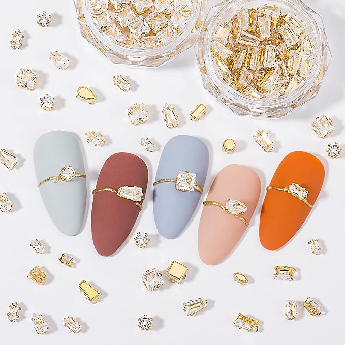 HNUIX 3D Nail Charms and Gems - 120Pcs Copper Metal Zircon, Gold Multiple Shape Smal Crystals Rhinestones, Nail Decorations Accessories for Nails Design
