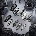 100% Handmade Press on Nails Medium Almond Fake Nails Halloween Press on Nails Black Gothic False Nail with Skeleton Pumpkin Silver Charms Design Reusable Handmade Nails for Women Manicure Size L