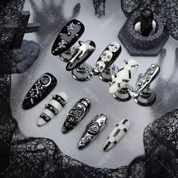 100% Handmade Press on Nails Medium Almond Fake Nails Halloween Press on Nails Black Gothic False Nail with Skeleton Pumpkin Silver Charms Design Reusable Handmade Nails for Women Manicure Size L
