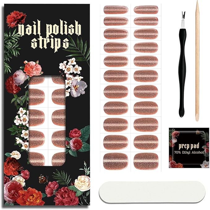 Nail Polish Strips (No UV Lamp Needed) - 22 Pcs Salon Quality Gel Nail Stickers - Long Lasting Wraps (Pink Gold Veil)