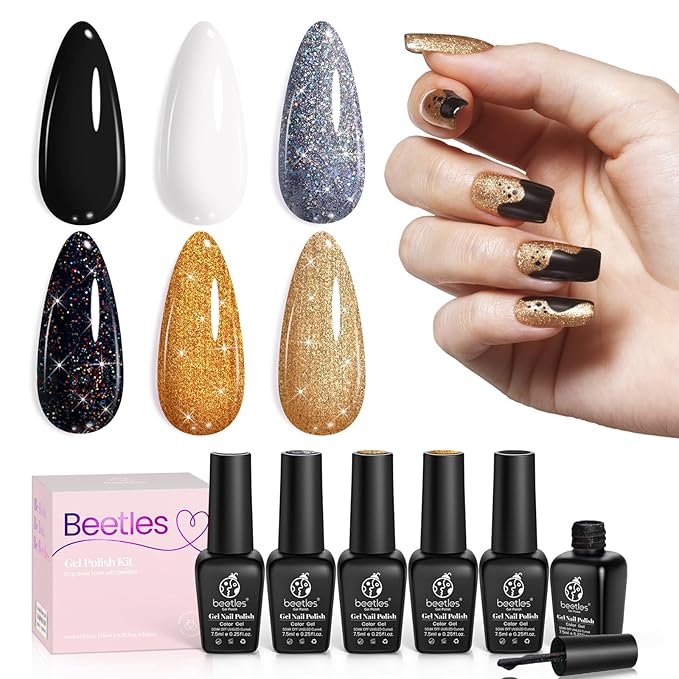 Beetles Shimmer Gel Nail Polish Set, 6 Colors Black White Polish Gel Silver Rose Gold Glitter Fall Nail Polish Soak Off Uv Lamp Nail Art Manicure Salon Gifts for Her Women