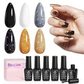 Beetles Shimmer Gel Nail Polish Set, 6 Colors Black White Polish Gel Silver Rose Gold Glitter Fall Nail Polish Soak Off Uv Lamp Nail Art Manicure Salon Gifts for Her Women