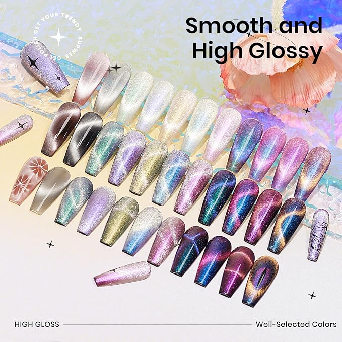 Magnetic Cat Eye Gel Nail Polish Set 12 Colors Cateye Gel Polish with Magnetic Stick Chameleon Cat Eye Gel Aurora Cat Eye Gel and Glass Cat Eye Gel Collection for Home DIY Manicure