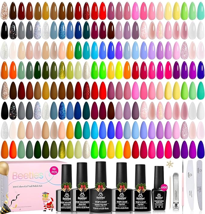 Beetles 110 PCS Gel Nail Polish Set, 100 Colors Infinite Inspiration All Season Red Brown Green Blac with Blooming, Clear Uv Led Blossom for Spreading Effect Marblee