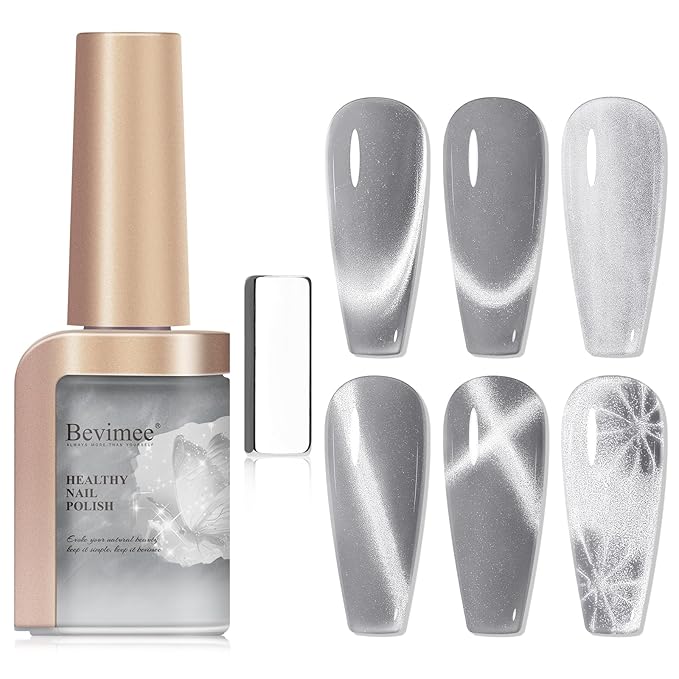 Silver Cat Eye Nail Polish Non Gel, Air Quick Dry Mooncat Nail Polish Magnetic Fingernail Polish Metallic Nail Lacquer Holographic for Nail Art Long Lasting 1PC