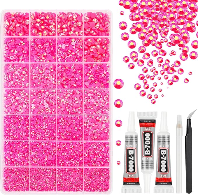 33000Pcs Rose Red AB Resin Jelly Rhinestones for Bedazzling, 2-6mm Flatback Gems for Diamond Art, Bedazzler Kit with 3Pcs 10ml B7000 Jewelry Glue for Crafting Crafts Shoes Nail Art