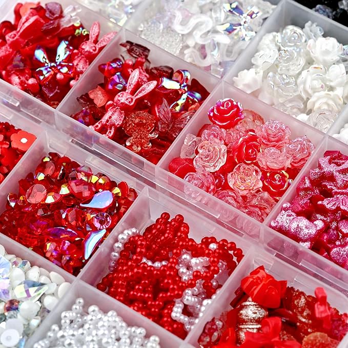 2050 Pieces 3D Butterfly Rose Flower Bow Rabbit Bear Nail Charms Kit with Nail Art Rhinestones Pearls Crystal Gems Nail Slices for Manicure DIY Crafts Jewelry Accessories (Black White Red)