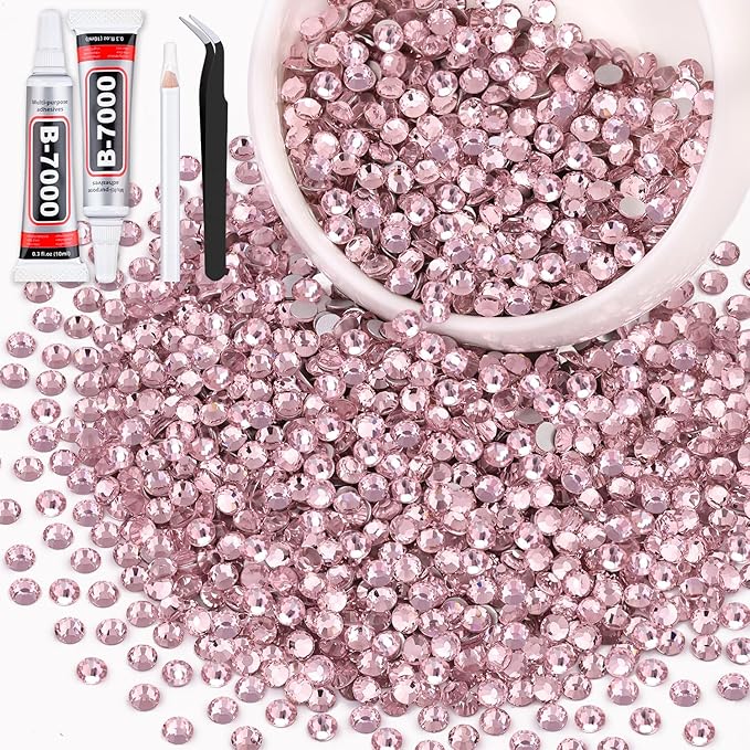 3000PCS SS20/5mm Crystal Rhinestones (Light Pink) with 2Pcs 10ml B7000 Jewelry Glue, Bedazzling Flatback Glass Rhinestones for Crafting, Gems Diomand Charms for Tumbler Shoes Clothing Mugs Nail Art