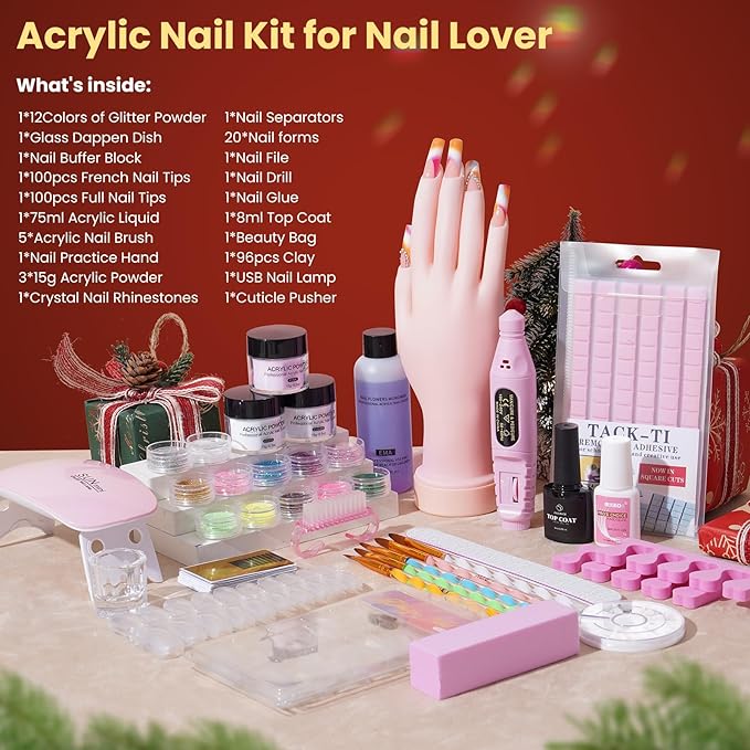 Nail Kit for Beginners with Everything: Practice Hand Acrylic Nail Set Professional Powder Drill Liquid Starter Kits with U V Lamp in Cosmetic Gift Bag for Women Salon Home (Blue)