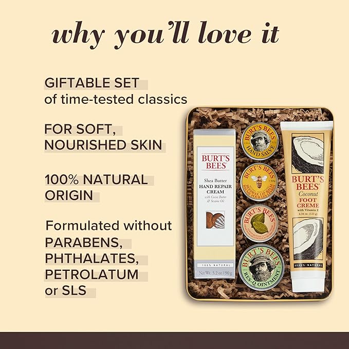 Burt's Bees Valentine's Day Gifts Ideas - Classics Set, 6 Products in Giftable Tin, Cuticle Cream, Hand Salve, Lip Balm, Res-Q Ointment, Hand Repair and Foot Cream