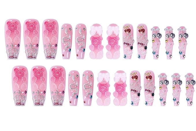 24Pcs Handmade Press on Nails, 3D Pink Long Length Square Fake Nails, Cute Manicure Kit with Full Covered Crystals for Women and Girls to Wear Daily