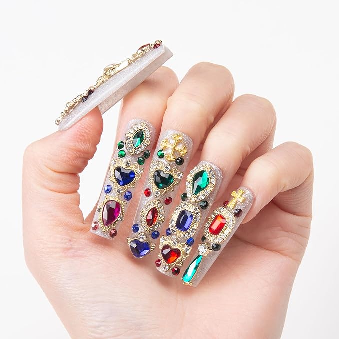 LOVFUL Press on Nails Treasure Trove Rhinestone | Handmade with Full Covered Crystals | Reusable Full Cover Nails | Square Mid length 1.7 in | H103-S