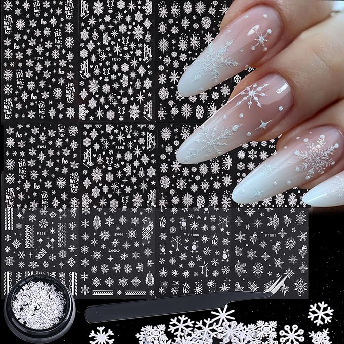 White Snowflake Nail Art Stickers 12PCS Christmas Winter Glitter Snowflakes Nail Decals with Tweezers 3D Charms Snow Flakes Stars Antlers Design Self-Adhesive Holiday Decoration Supplies for Women