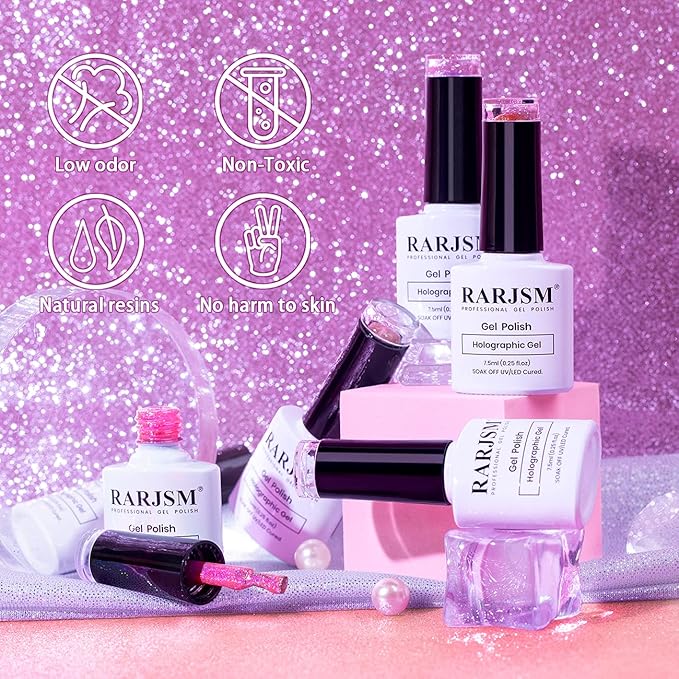 RARJSM Holographic Gel Nail Polish Set Summer Colors Glitter Gel Polishes Kit Rose Gold Hot Pink Red Violet Bright Purple 6PCS 7.5ML Curing Required Unicorn Mirror Laser Effect for Salon Home Manicure