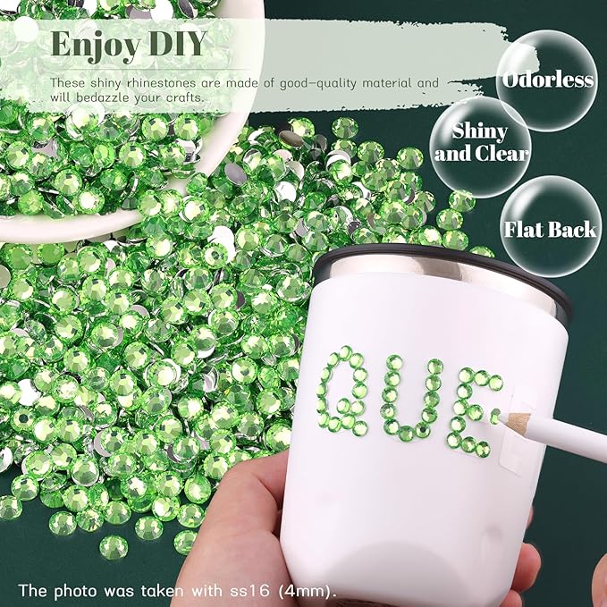 8000PCS 3mm Resin Rhinestones Bulk for Crafting (Light Green), Flatback Bedazzling Crystals for Crafts DIY Nail Decoration, Gems Charms for Tumbler Shoes Clothing Fabric with Pickup Pen and Tweezers