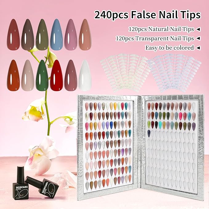 216 Nail Colors Book, Nail Display Chart Book with 240 Nail Tips & 1-300 Number Labels, Professional Nail Color Swatches Book for Nail Polish UV Gel Salon (Silver, Size 01)