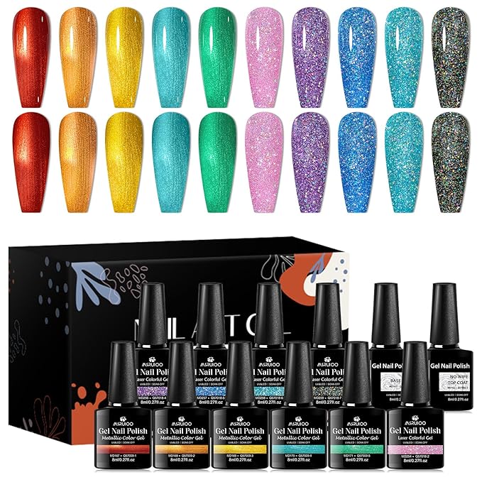 12Pcs Metallic Gel Nail Polish + Reflective Glitter Gel Polish Red Orange Pink Blue Green Neon Nail Polish Gel for Home Salon DIY Manicure Gift