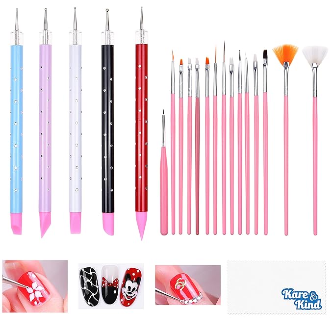 Kare & Kind Nail Art Design Dotting Painting UV Gel Pen Tools - 20x Nail Art Accessories - 15x Nail Art Brushes, 5x Double Ended Sculpting and Dotting Pen - DIY, Home, Salon, Professional Use