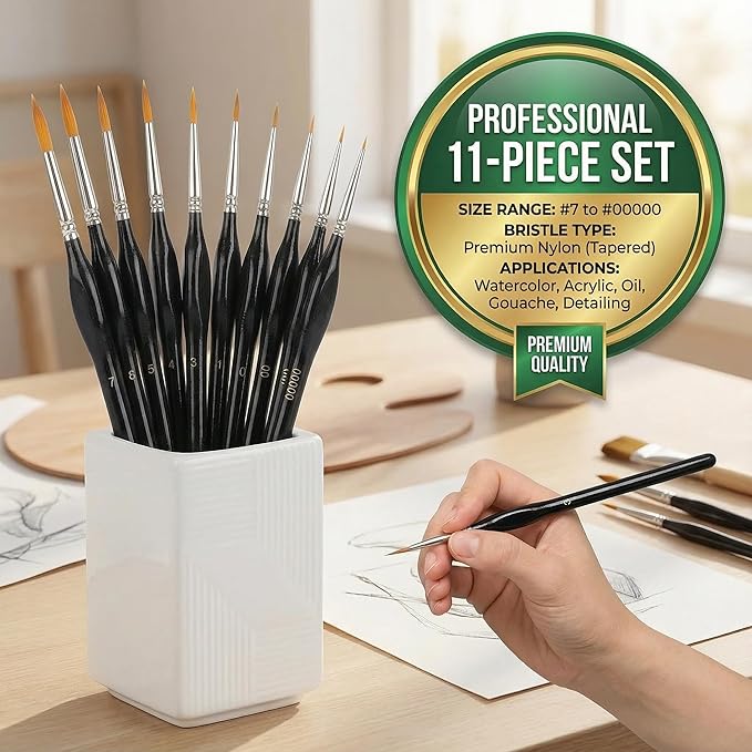 11-Piece Detail Paint Brushes Set, Triangular Grip Fine Tip Art Brushes for Watercolor, Acrylic, Oil, Face, Model, Nail & Miniature Painting