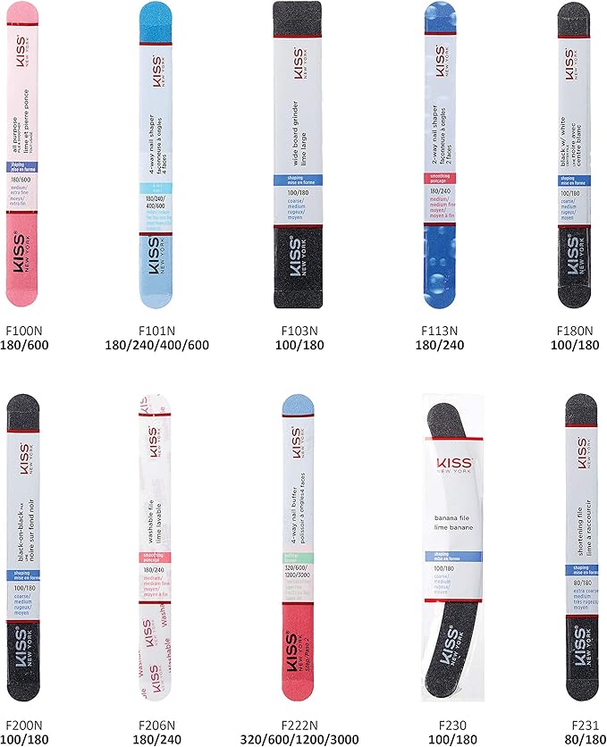 Kiss File All Purpose & Smoother 180 Medium / 600 Extra Fine F100N - Pack of 6 Files & Smooths Natural and Artificial Nails