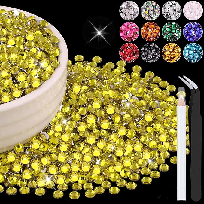 6000PCS 4mm Resin Rhinestones Bulk for Crafting (Lemon Yellow), Flatback Bedazzling Crystals for Crafts DIY Nail Decoration, Gems Charms for Tumbler Shoes Clothing Fabric with Pickup Pen and Tweezers