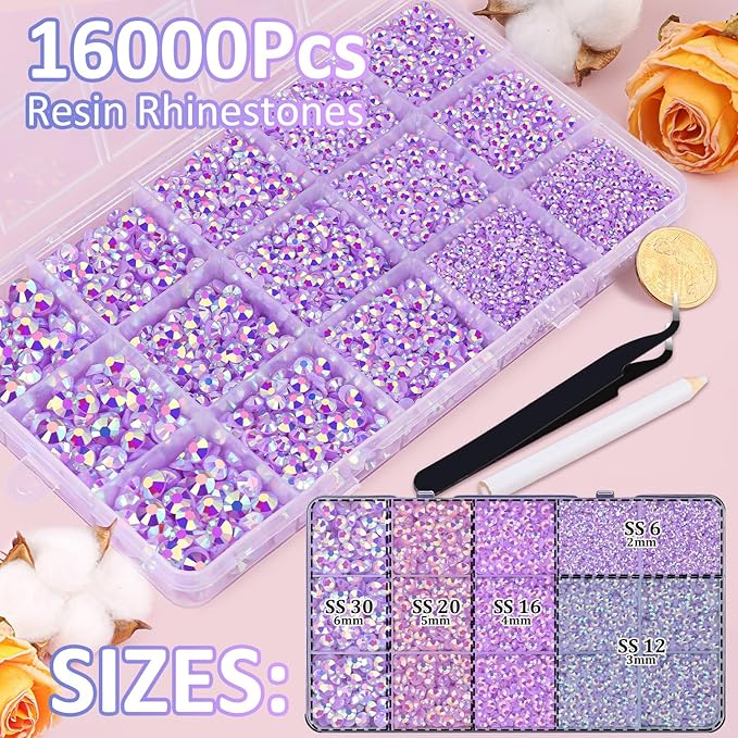 16000Pcs Resin Jelly Rhinestones for Crafting, Lavender Purple AB Non Hotfix Flatback Gems, Bedazzling Crystal with 3Pcs 10ml B7000 Jewelry Glue for DIY Crafts Clothing Tumblers Shoes Nail Art