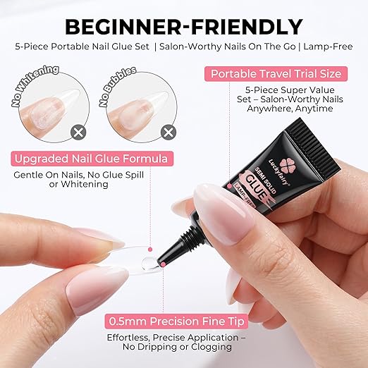 5pcs Super Strong Nail Glue for Press On Nails, Fast-Drying No Lamp Needed, Semi Solid Soft Glue Gel for Acrylic Fake Nails Tips, Mess-Free Precision Mini Tubes 2ml*5, Long Lasting