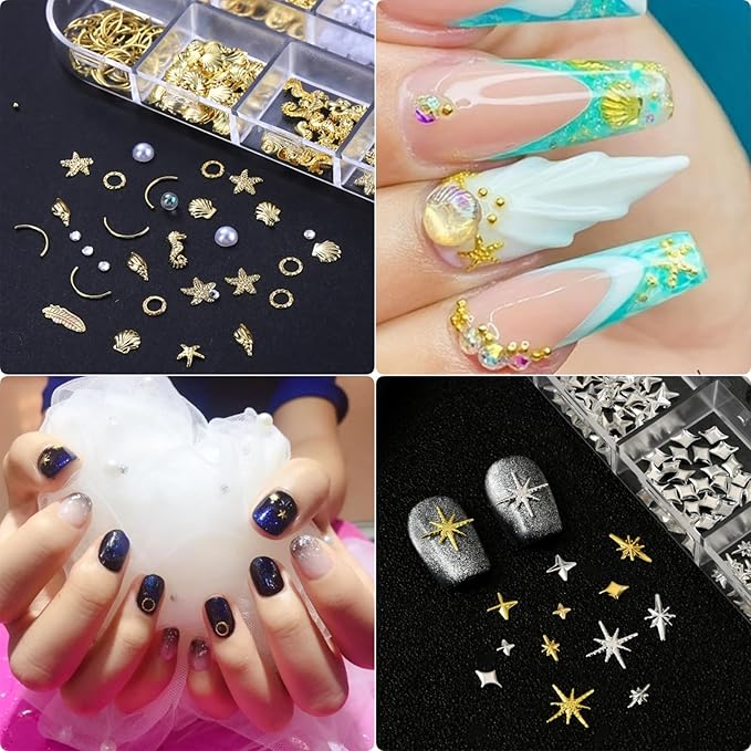 Gold Silver 3D Nail Charms, 2Boxes 24Grids Bow Star Nail Gems Nail Studs,Punk Metal Alloy Rivet Stickers Bowknot Nail Art Decorations Accessories for Nail Art Design DIY Crafts (Gold Silver F)