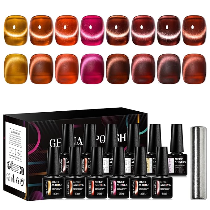 MEET ACROSS Amber Jelly Cat Eye Gel Nail Polish Set of 8 Colors Caramel Crystal Brown Shimmer Translucent Sheer Magnetic Nail Polish Kit with Base Top Coat and Magnet Gel Nail Art Manicure