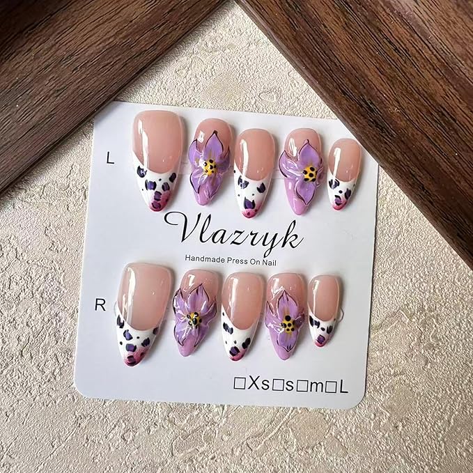 Luxury Handmade Press On Nails, Purple French Medium Almond with 3D Flowers, Winter & Autumn Gradient False Nails,Reusable Multi-Layer Post-Gel Acrylic Nails for Women .(10pcs)