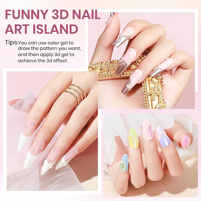 MIZHSE 3D Gel Nail Art, 2 Pcs 15g Sculpting Gel Glue for Molding, Drawing, Charms & Gems, Chrome Powder, Rhinestone Design, Clear and Milky White No Wipe Nail Polish for DIY Nail Art