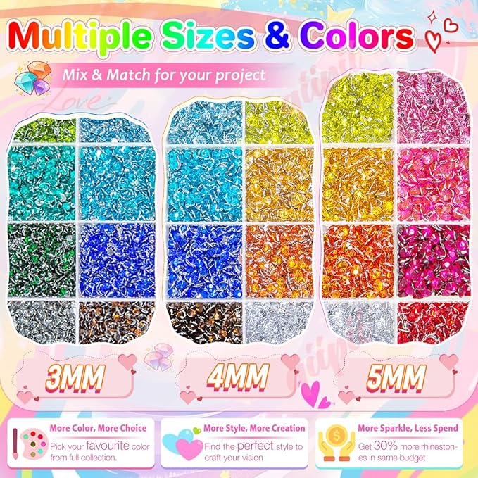 3 Boxes 24 Color 3mm 4mm 5mm Crystal Resin Rhinestones for Bedazzling Crafting Flatback Colorful Stones Gems Diamonds Charms for Nails Face Makeup Tumblers Bottles Crafts Clothes Shoes Phones