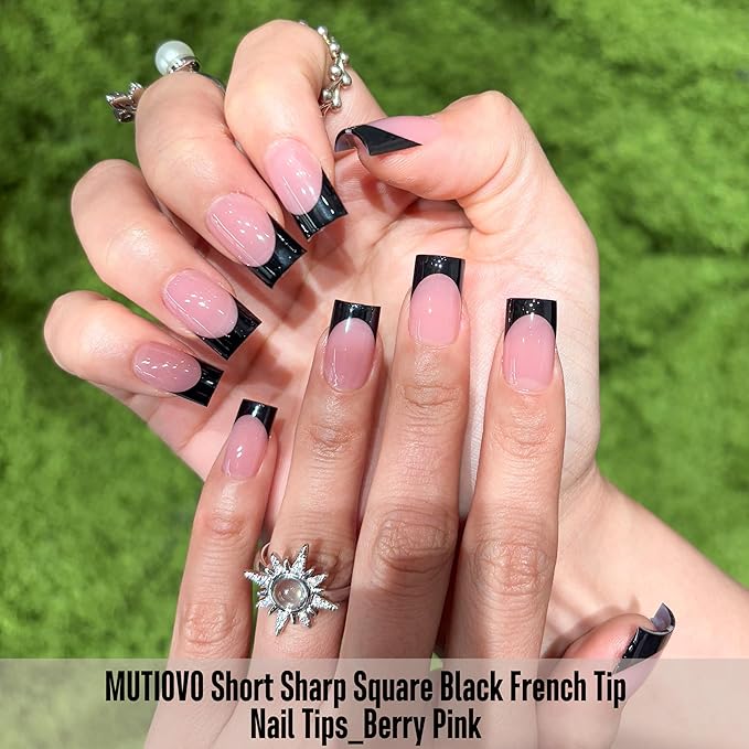 Black French Tip Short Straight Square Nail Tips Press on, BERRY PINK Extra Thick NEED Soft Gel Nail Extension, Need Builder gel & Top,Coat Full Cover False Nails, for DIY x 15 Sizes 150 pcs