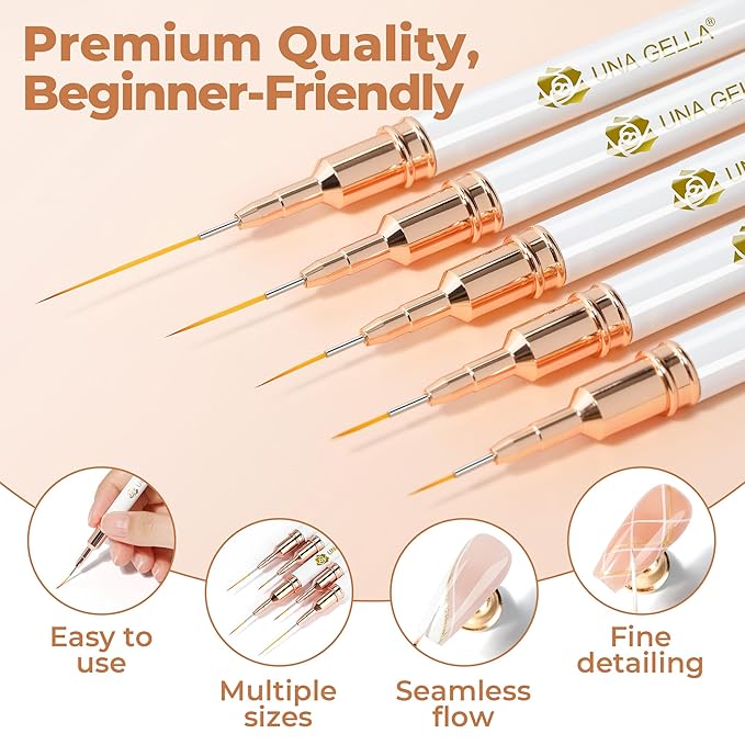UNA GELLA Nail Art Brushes Metallic, Liner Pens Set For Nail Art Gel Polish, 5Pcs White Color, Detail Nail Art Design Painting Brush Set For Nails Gel Fine Drawing Nail Tools, Sizes 7/9/11/15/25mm