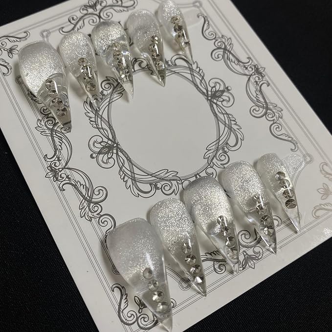 Luxury Press on Nails Medium Stiletto Handmade Eagle Claw Unique Reusable ABS Material Fake Nails Cat Claw False Nails with Glitter Rhinestones Designs Glossy Glue on Nail Curved Thick Acrylic Nail(M)