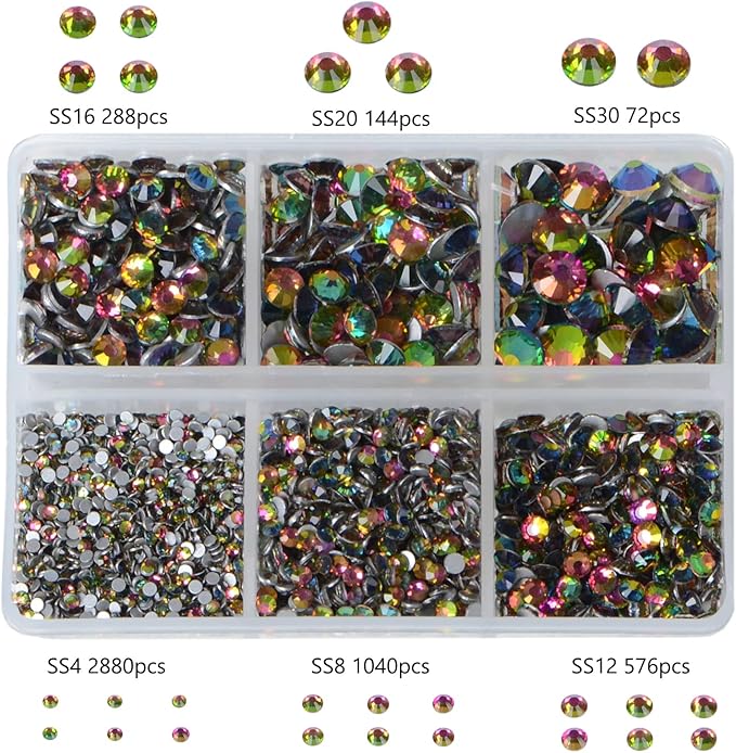 Bymitel 5000 Pieces 6 Mixed Sizes Glue Fix on Glass Rhinestones Round Crystal Gems Flatback for DIY Jewelry Making with one Picking Pen(6-Sizes 5000PCS, Vitrail Medium)