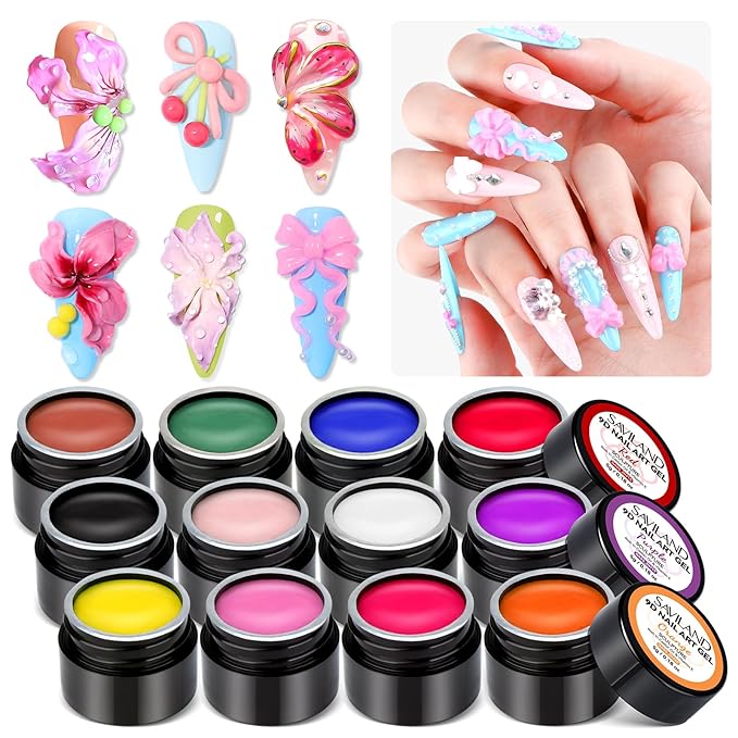 SAVILAND 3D Nail Gel Set: 12 Colors Non-Sticky Soak Off 3D Sculpting Gel for Nail Art Painting Drawing Hand Carving Molding with Sculpture Pen for 3D Nail Art Design Home Salon Manicure DIY