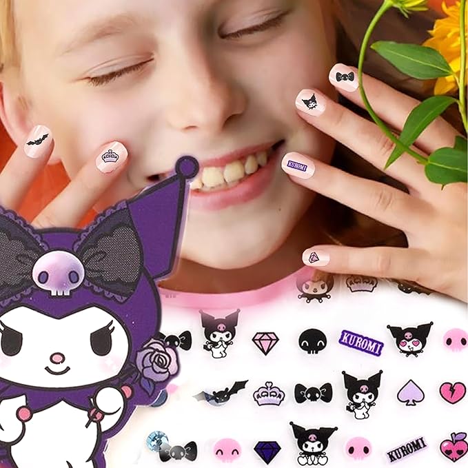 Kuromi Nail Stickers – 1 Sheet with 72 Stickers + 24 Rhinestones – Self-Adhesive Nail Art for Girls – Fun Activity & Gift Idea for Birthdays, Crafts, Party Bags and Playdates