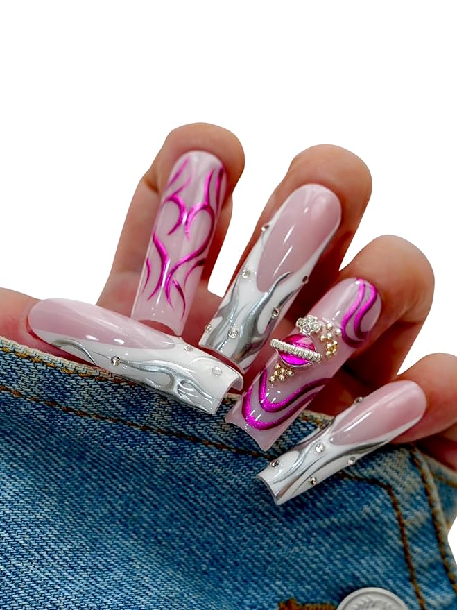 10PCS Pink Marble Press On Nails – Long Coffin Fake Nails with Abstract Swirl Design and Rhinestones, Glossy Reusable Y2K Nails for Women and Girls – Euphrosyne