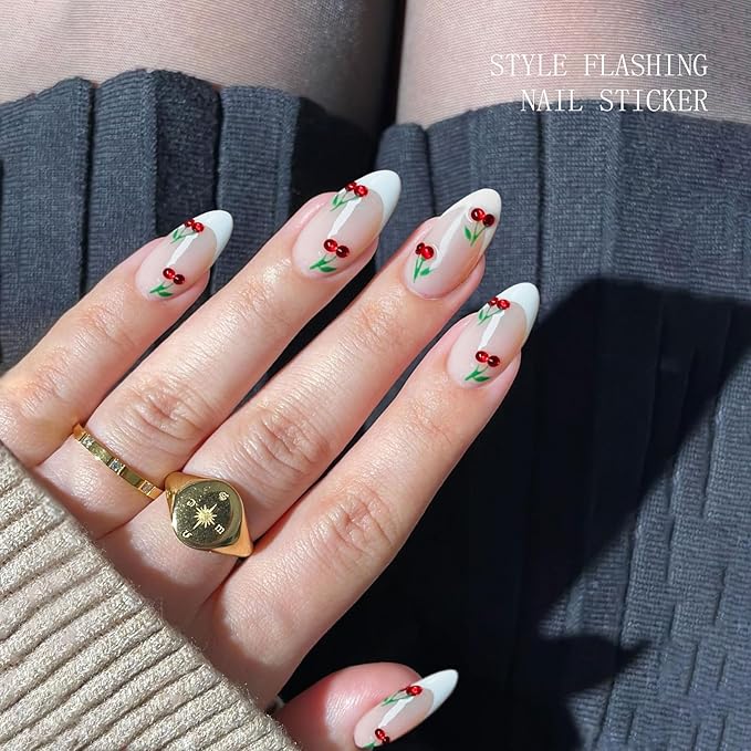 JMEOWIO Gel Nail Stickers Cherry French Tip Semi Cured Gel Nail Strips Wraps UV/LED Nails Art Design Decoration Accessories