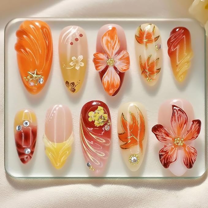 30Pcs Fall Press on Nails Medium Almond French Tip Fake Nails Gilding Maple Leaf False Nails with 3D Flower Ripple Gold Sliver Gems Design Artificial Stick on Nail Full Cover Glue on Nails for Women