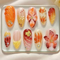 30Pcs Fall Press on Nails Medium Almond French Tip Fake Nails Gilding Maple Leaf False Nails with 3D Flower Ripple Gold Sliver Gems Design Artificial Stick on Nail Full Cover Glue on Nails for Women