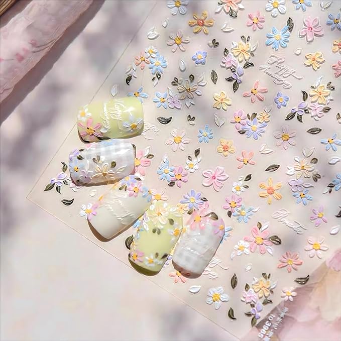 Dedyel Summer Wildflowers Nail Sticker 5D Embossed Wildflower Nail Stickers Spring Summer Red Yellow Blue White Flower Design Nail Art Decoration for Women Girls Kids